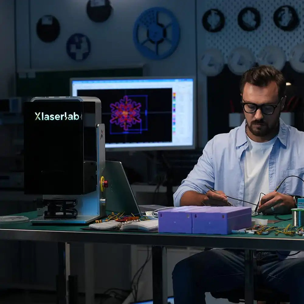 Worker next to e3 laser engraving machine