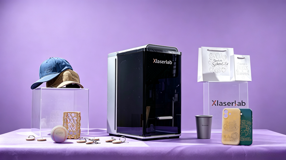 Xlaserlab E3 UV laser engraver marking custom products such as hats, phone cases, paper bags, cups, wood, and metal items