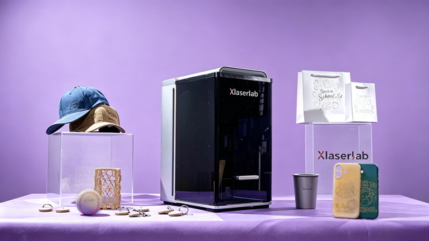 Xlaserlab E3 UV laser engraver marking custom products such as hats, phone cases, paper bags, cups, wood, and metal items