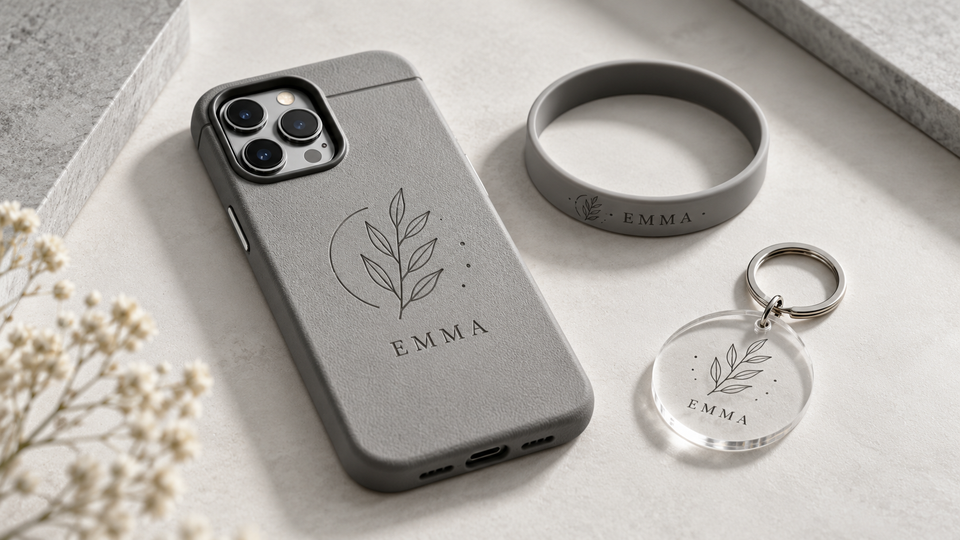 Custom laser engraved phone case, acrylic keychain, and silicone wristband