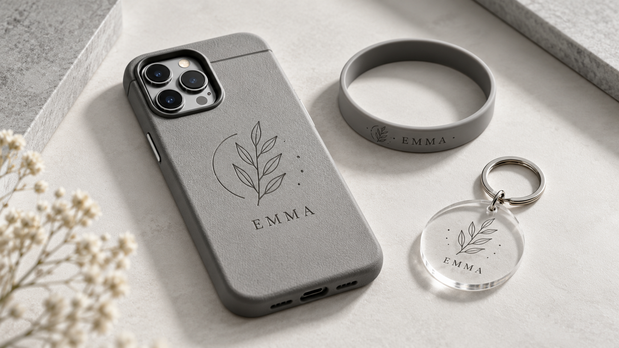 Custom laser engraved phone case, acrylic keychain, and silicone wristband