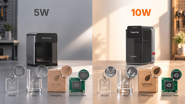 5W vs 10W laser engraver comparison on acrylic, glass, packaging, and PCB