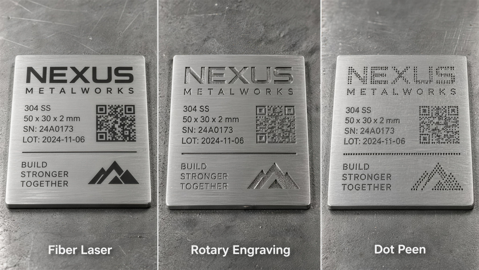 Fiber laser, rotary engraving, and dot peen marks on 304 stainless steel plate