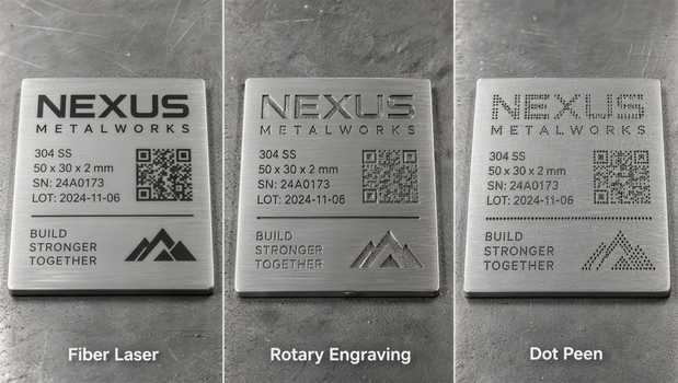 Fiber laser, rotary engraving, and dot peen marks on 304 stainless steel plate