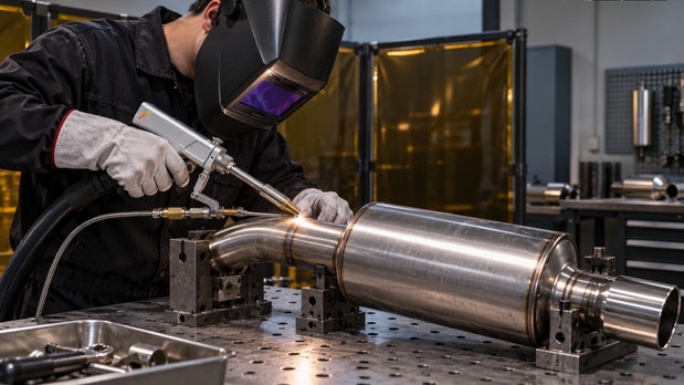 Worker using a handheld laser welder to join an exhaust pipe beside a muffler