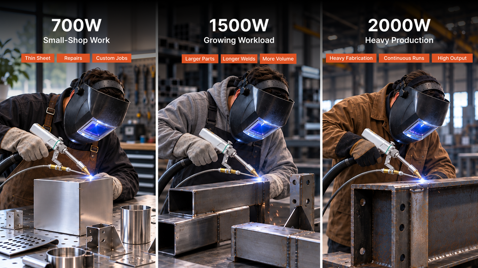 700W, 1500W, and 2000W handheld laser welding comparison for small shops, growing workloads, and heavy production