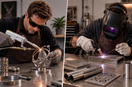 Handheld laser welding a metal sculpture beside TIG welding a rectangular metal frame