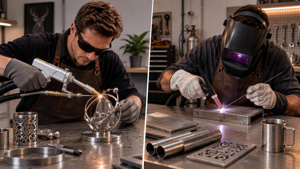 Handheld laser welding a metal sculpture beside TIG welding a rectangular metal frame