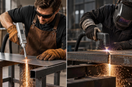 Handheld laser cutting thin sheet metal beside plasma cutting a thick steel plate