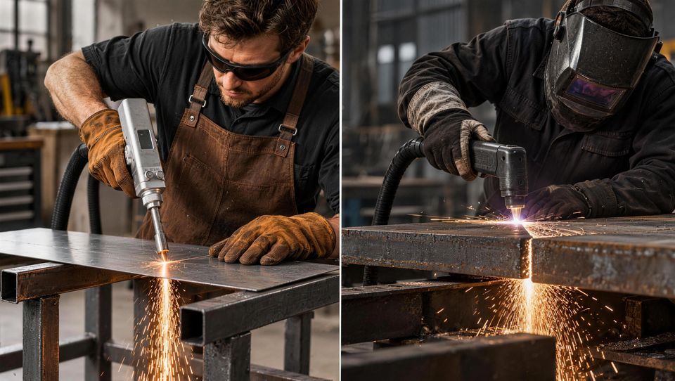 Handheld laser cutting thin sheet metal beside plasma cutting a thick steel plate