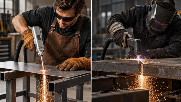 Handheld laser cutting thin sheet metal beside plasma cutting a thick steel plate