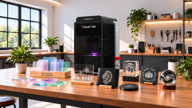 Xlaserlab desktop laser engraver with engraved gifts and colorful transparent material samples