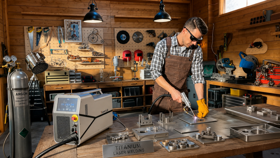 Desktop laser welding titanium in a small workshop with argon shielding gas