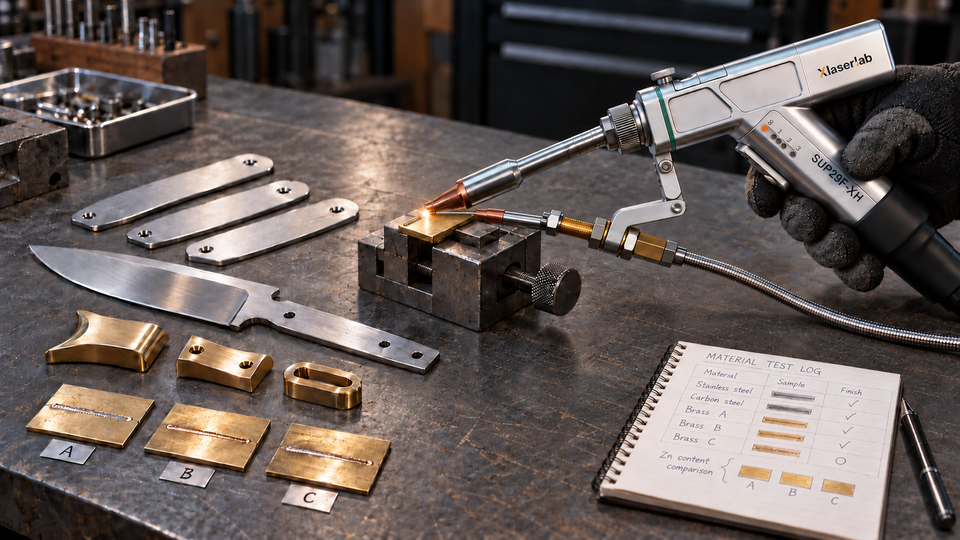 Handheld laser welding a brass sample in a fixture, with knife fittings, labeled test pieces, and a material test log