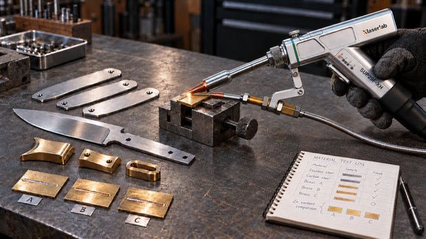 Handheld laser welding a brass sample in a fixture, with knife fittings, labeled test pieces, and a material test log