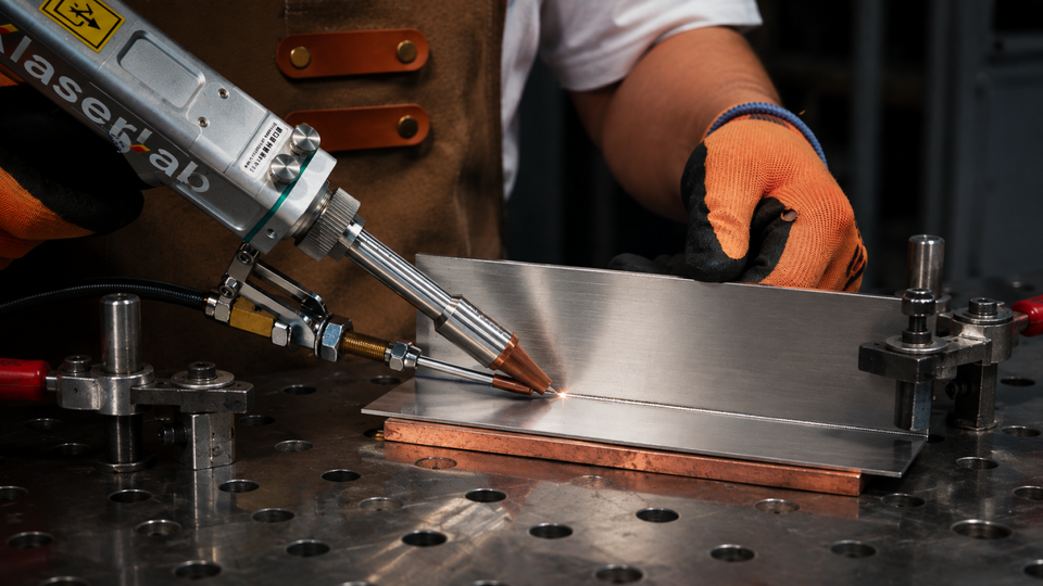 Handheld laser welding thin stainless steel sheet with copper backing for heat control