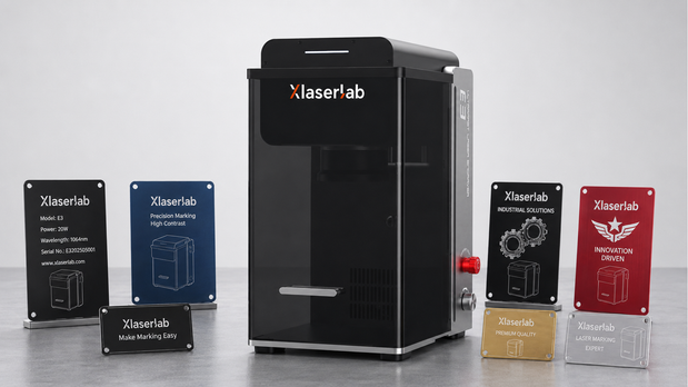 Xlaserlab E3 marking anodized aluminum sample plates in black, blue, red, gold, and silver