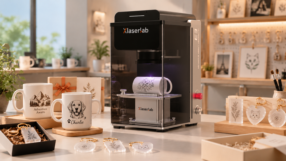 Xlaserlab UV laser engraving a ceramic plate beside personalized plates and clear keepsakes in a gift shop