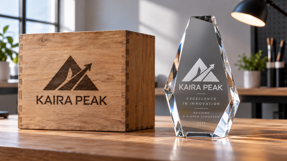 Wooden presentation box and clear faceted award featuring matching Kaira Peak logos, with fine lettering on the award