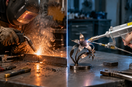 Flux core welding steel with heavy sparks on the left; handheld laser welding a metal butterfly on the right