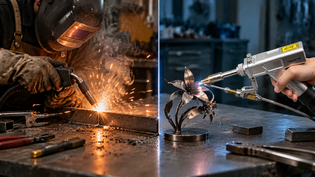 Flux core welding steel with heavy sparks on the left; handheld laser welding a metal butterfly on the right