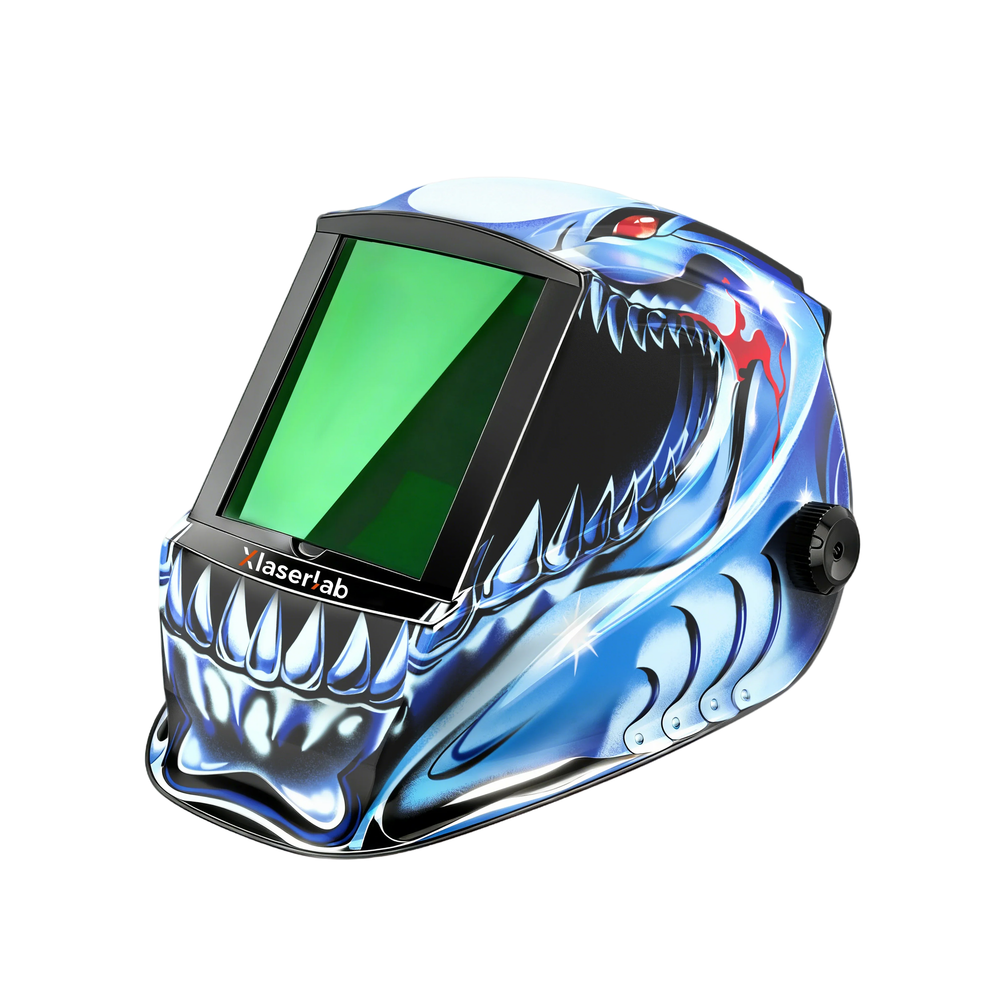 Welding helmet with vivid shark graphic, large green lens, and adjustable side knob