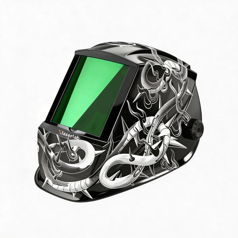 Black XLaserlab laser protection helmet with green viewing lens and white dragon graphics