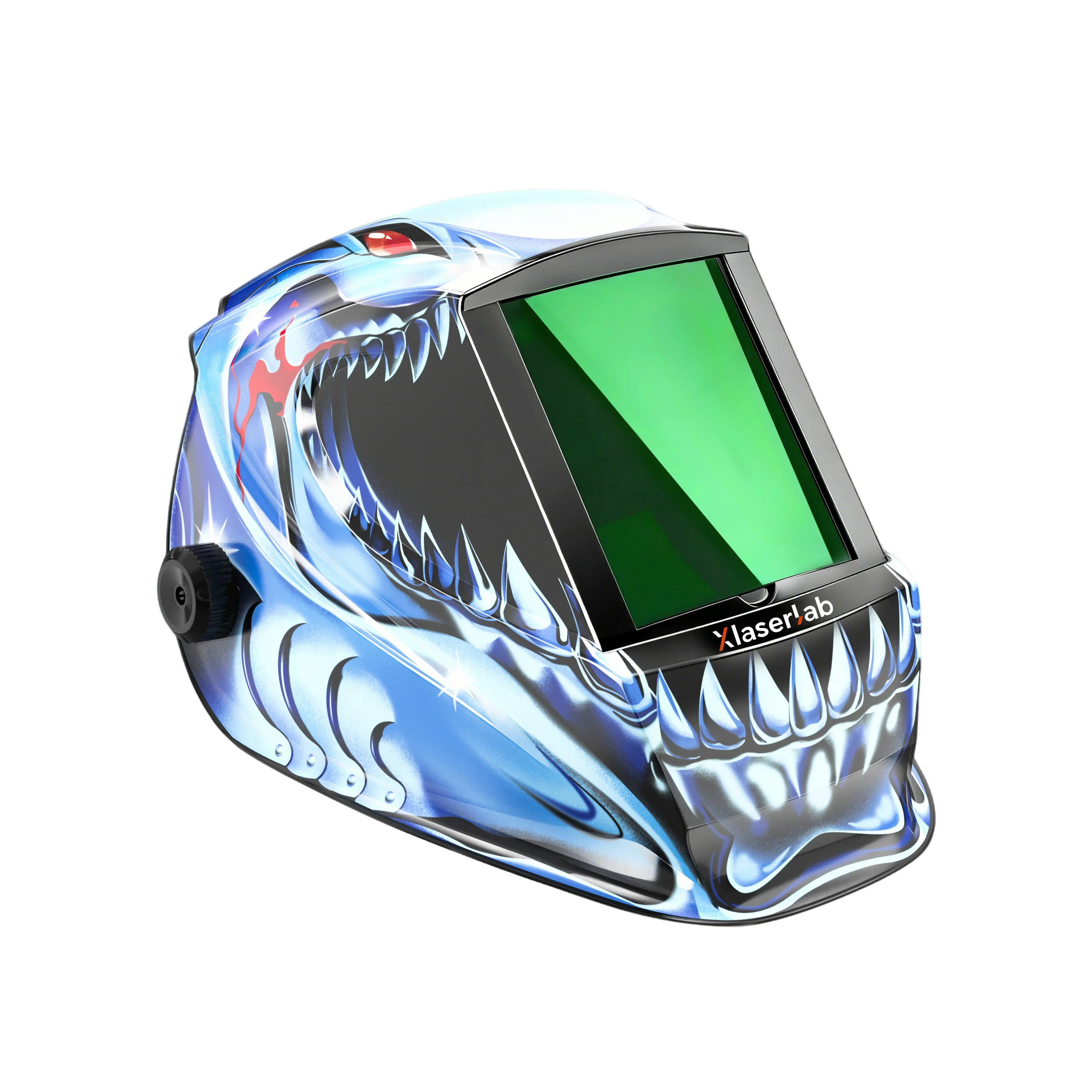 Auto-darkening welding helmet with green visor and aggressive shark graphics