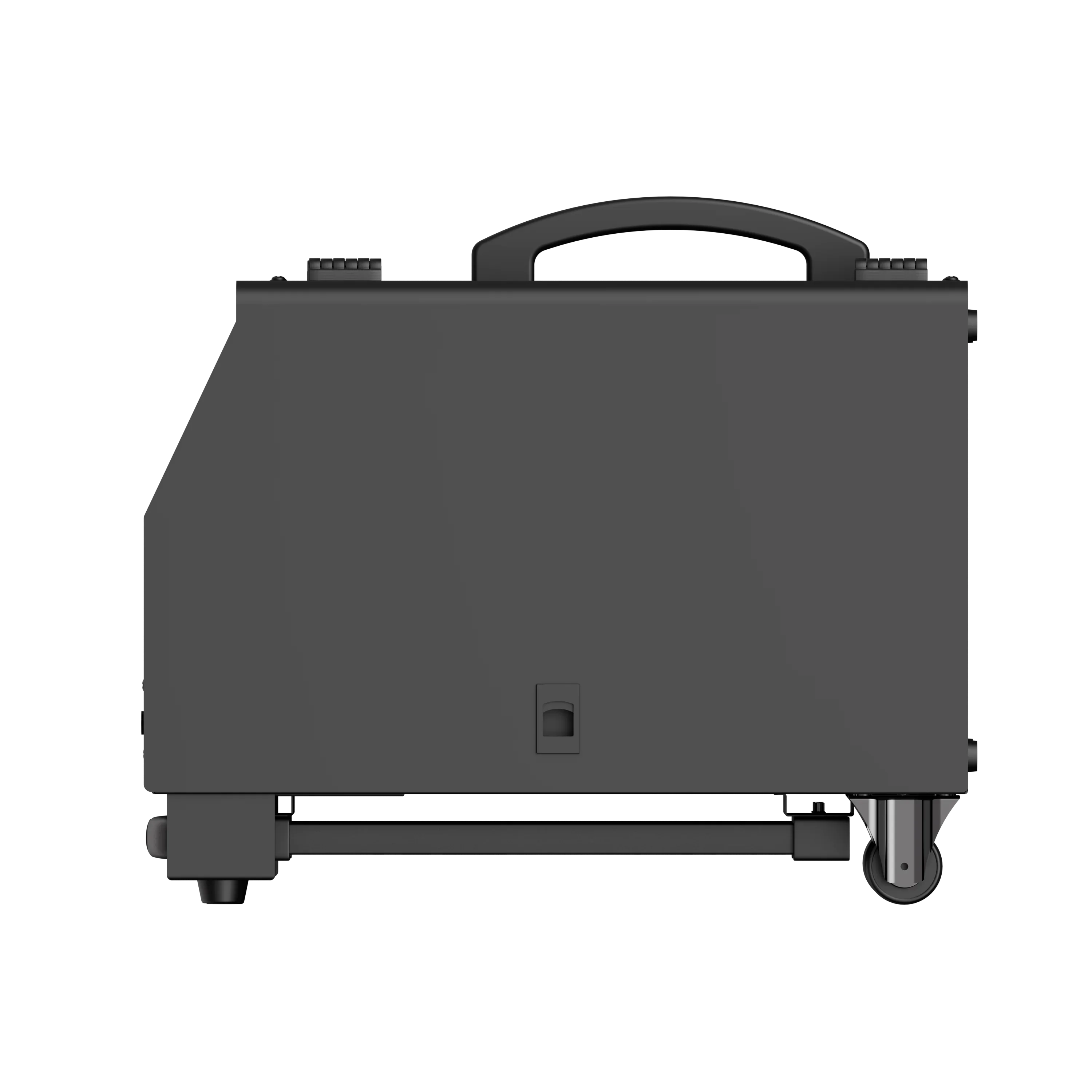 Portable black laser machine with handle and wheels on a plain background