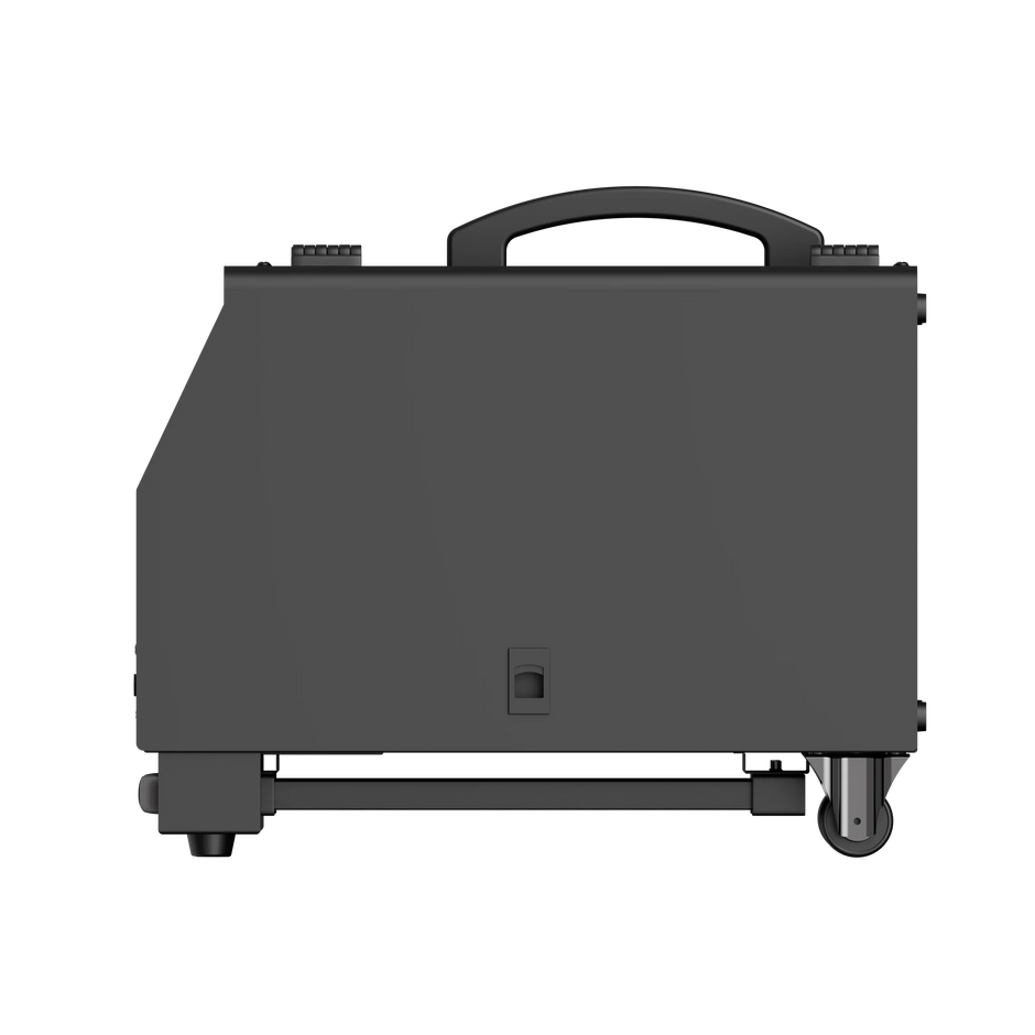 Portable black laser machine with handle and wheels on a plain background