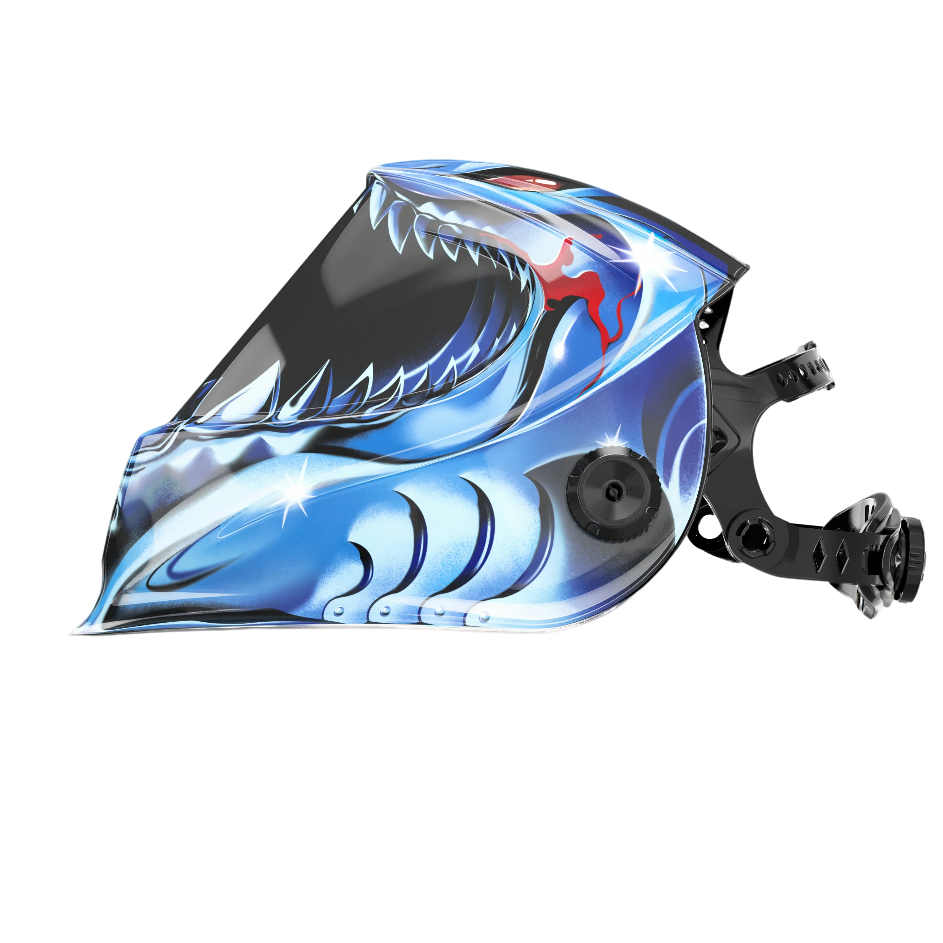 Welding helmet with blue shark-themed graphic, clear visor, and adjustable headgear.
