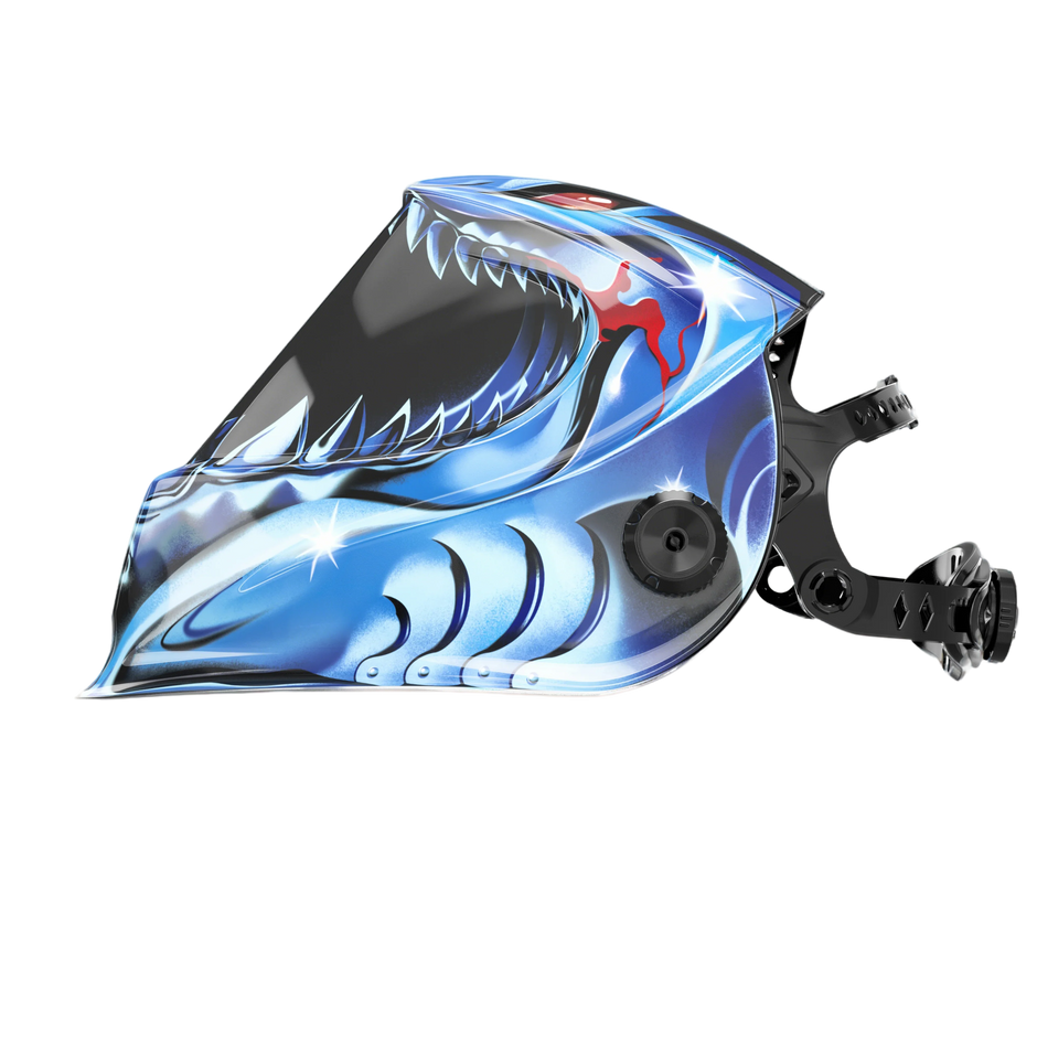 Welding helmet with blue shark-themed graphic, clear visor, and adjustable headgear.