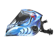 Welding helmet with blue shark-themed graphic, clear visor, and adjustable headgear.