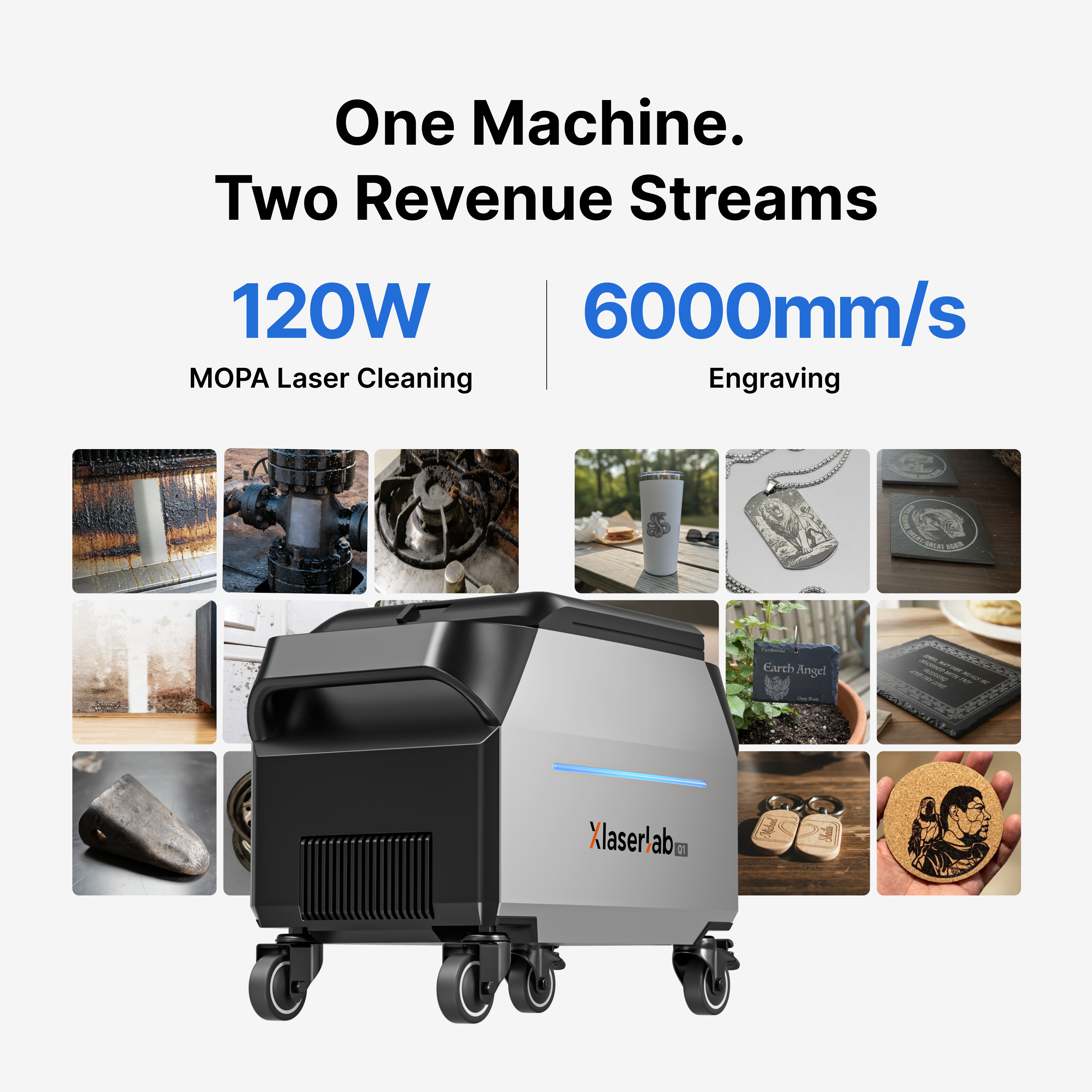 Xlaserlab Q1 portable MOPA laser cleaner and engraver with 120W cleaning and 6000mm/s engraving