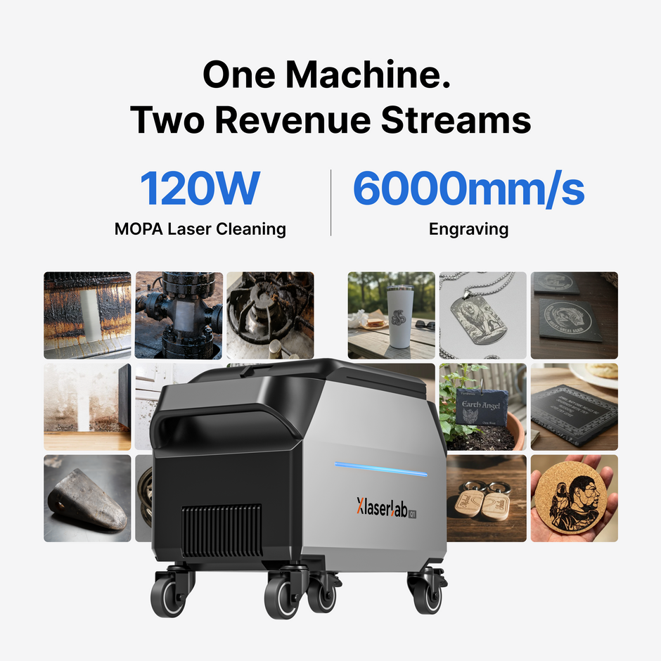 Xlaserlab Q1 portable MOPA laser cleaner and engraver with 120W cleaning and 6000mm/s engraving