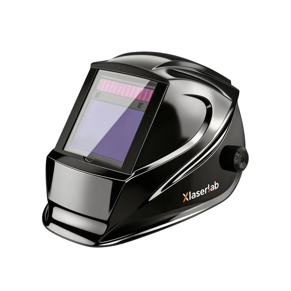 Black welding helmet with large auto-darkening visor, side adjustment knob, and sleek design.