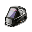 Black welding helmet with large auto-darkening visor, side adjustment knob, and sleek design.