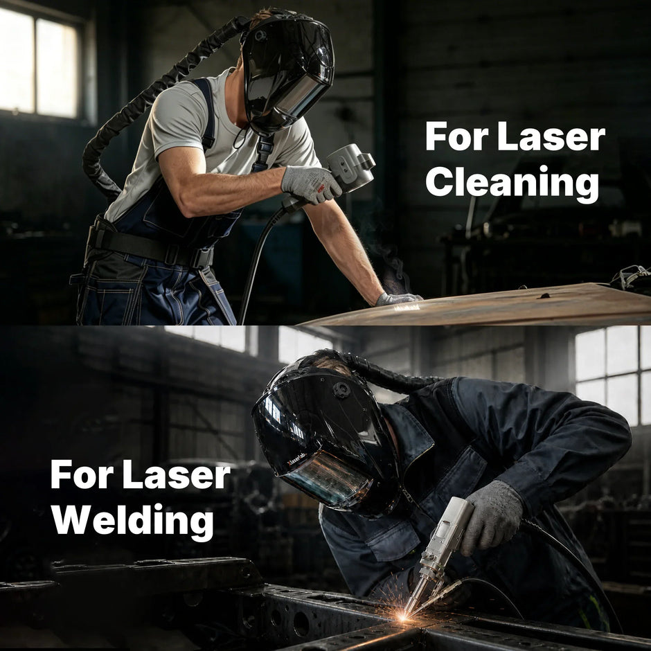 Professional using portable laser cleaner and welder in workshop for metal surface prep and joining