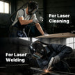 Professional using portable laser cleaner and welder in workshop for metal surface prep and joining
