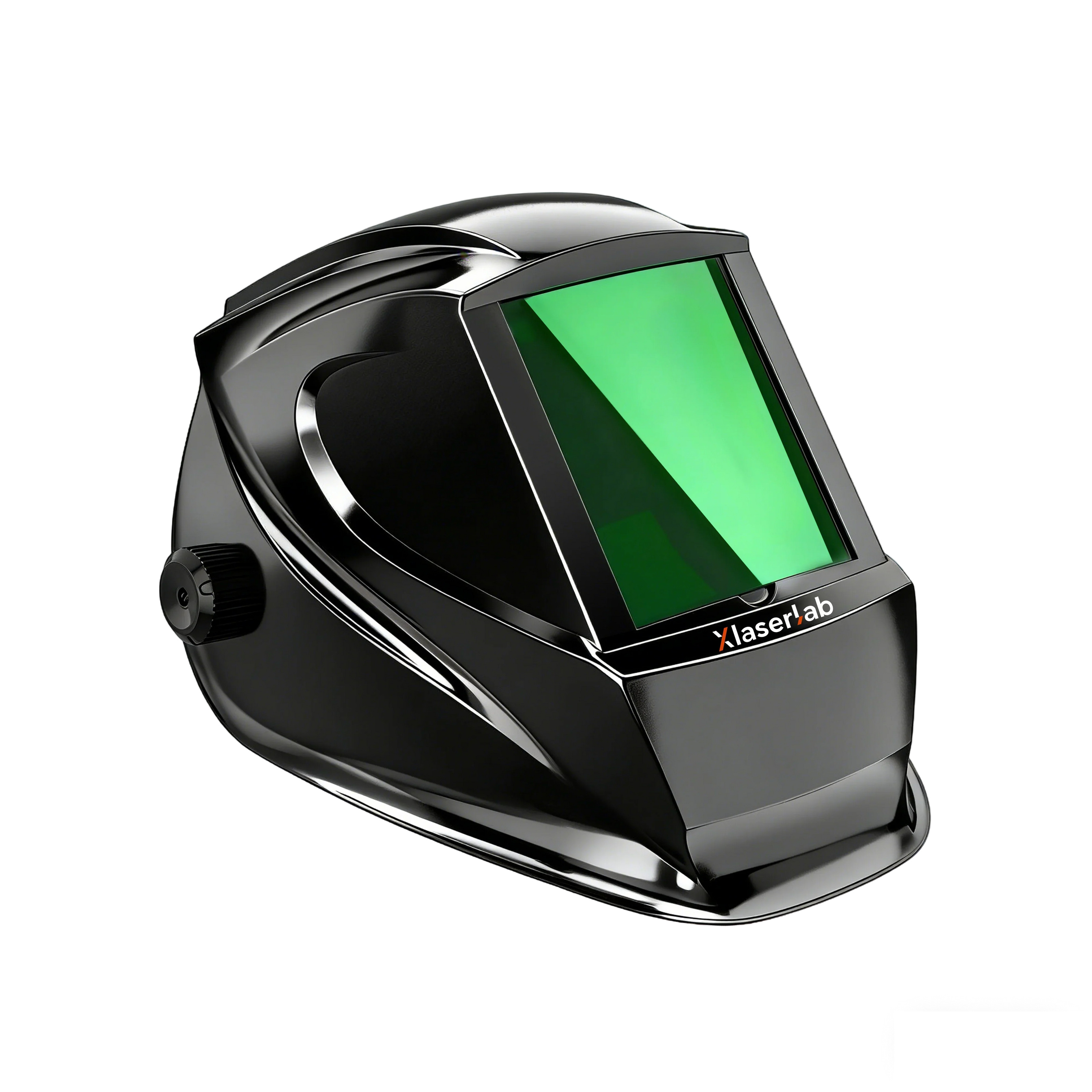 Black welding helmet with green protective lens, side adjustment knob, and sleek design