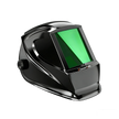 Black welding helmet with green protective lens, side adjustment knob, and sleek design