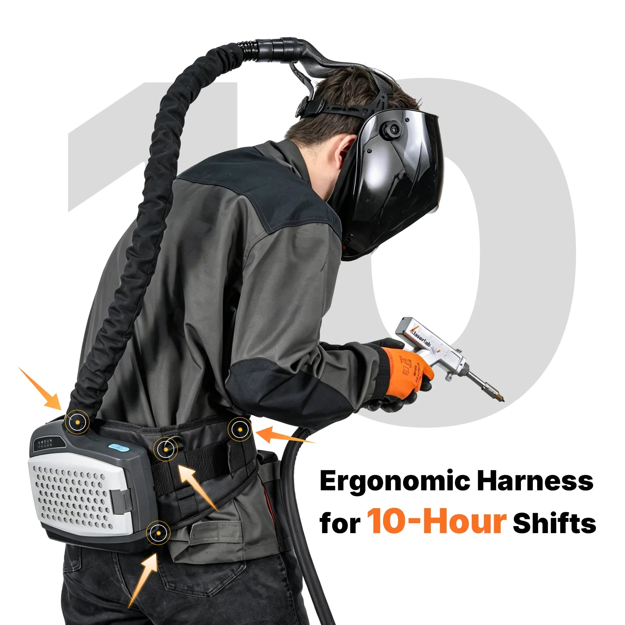 Ergonomic harness for portable laser welding machine, designed for long shifts with comfort and support