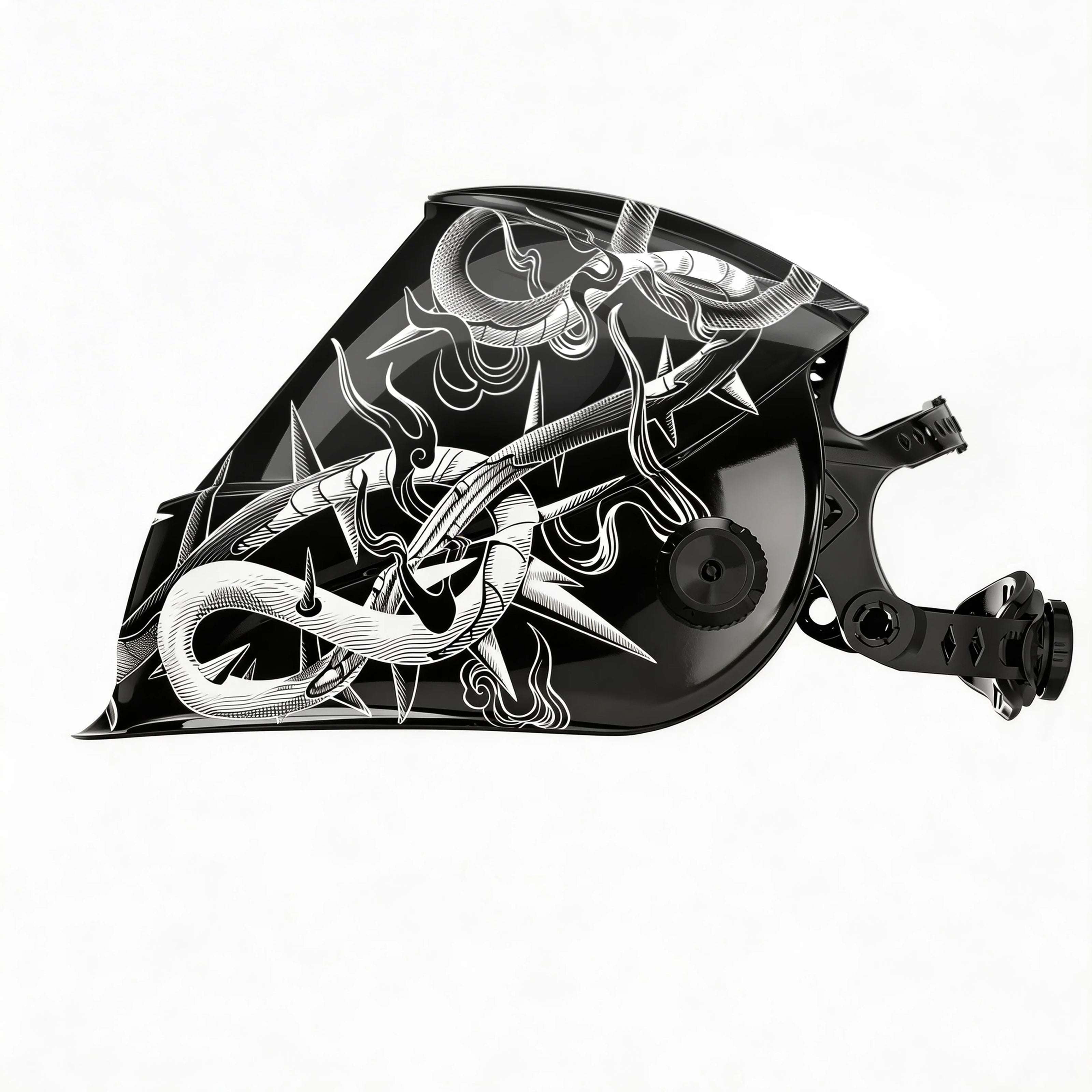 Black welding helmet with white tribal thorn and flame design, side profile view
