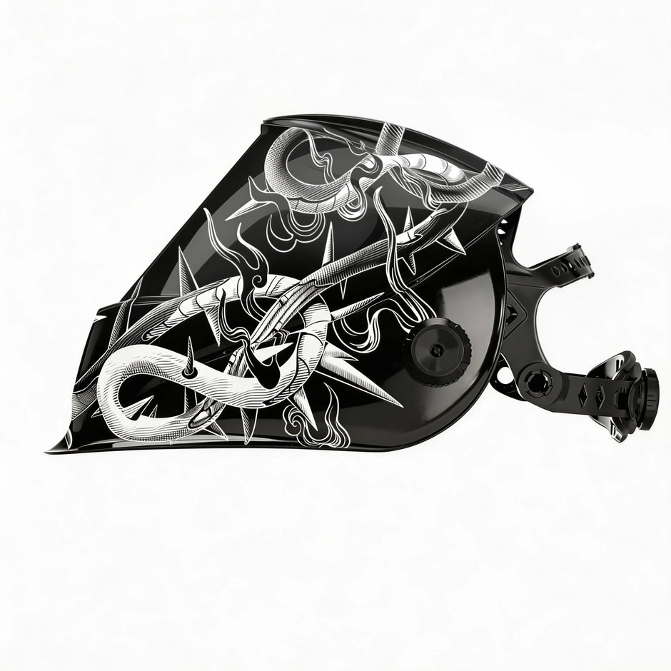 Black welding helmet with white tribal thorn and flame design, side profile view