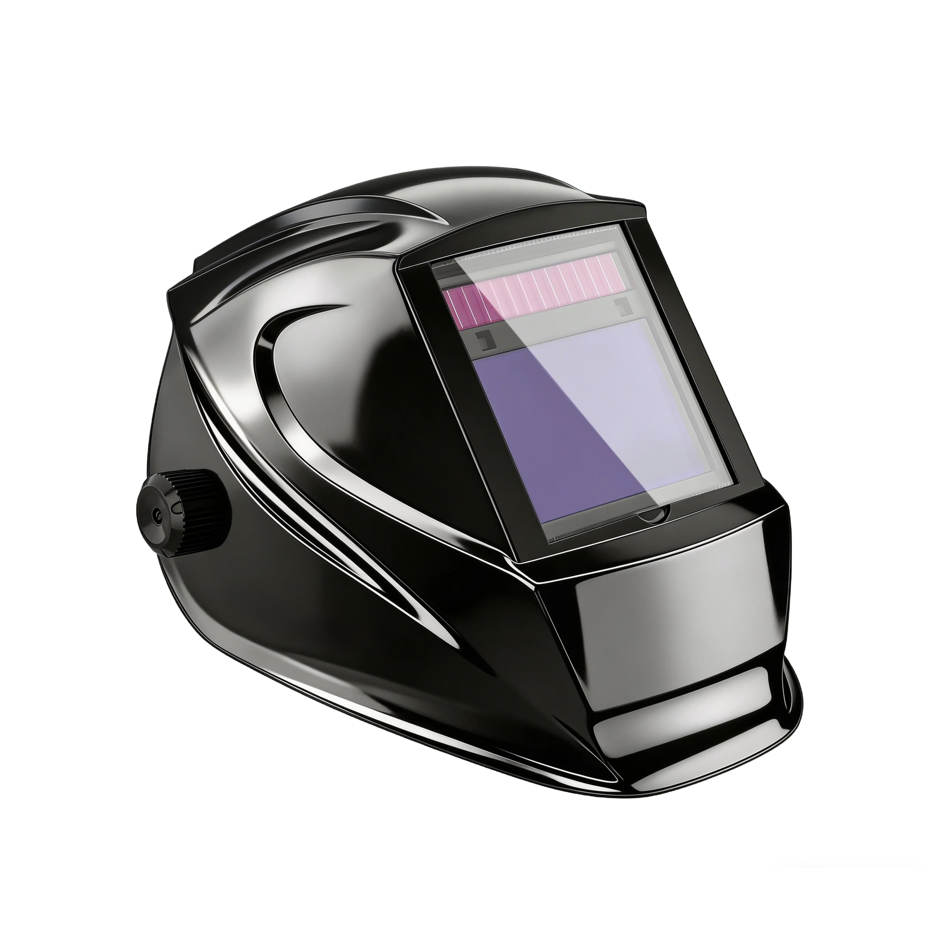 Auto-darkening welding helmet with large viewing screen, black shell on black background