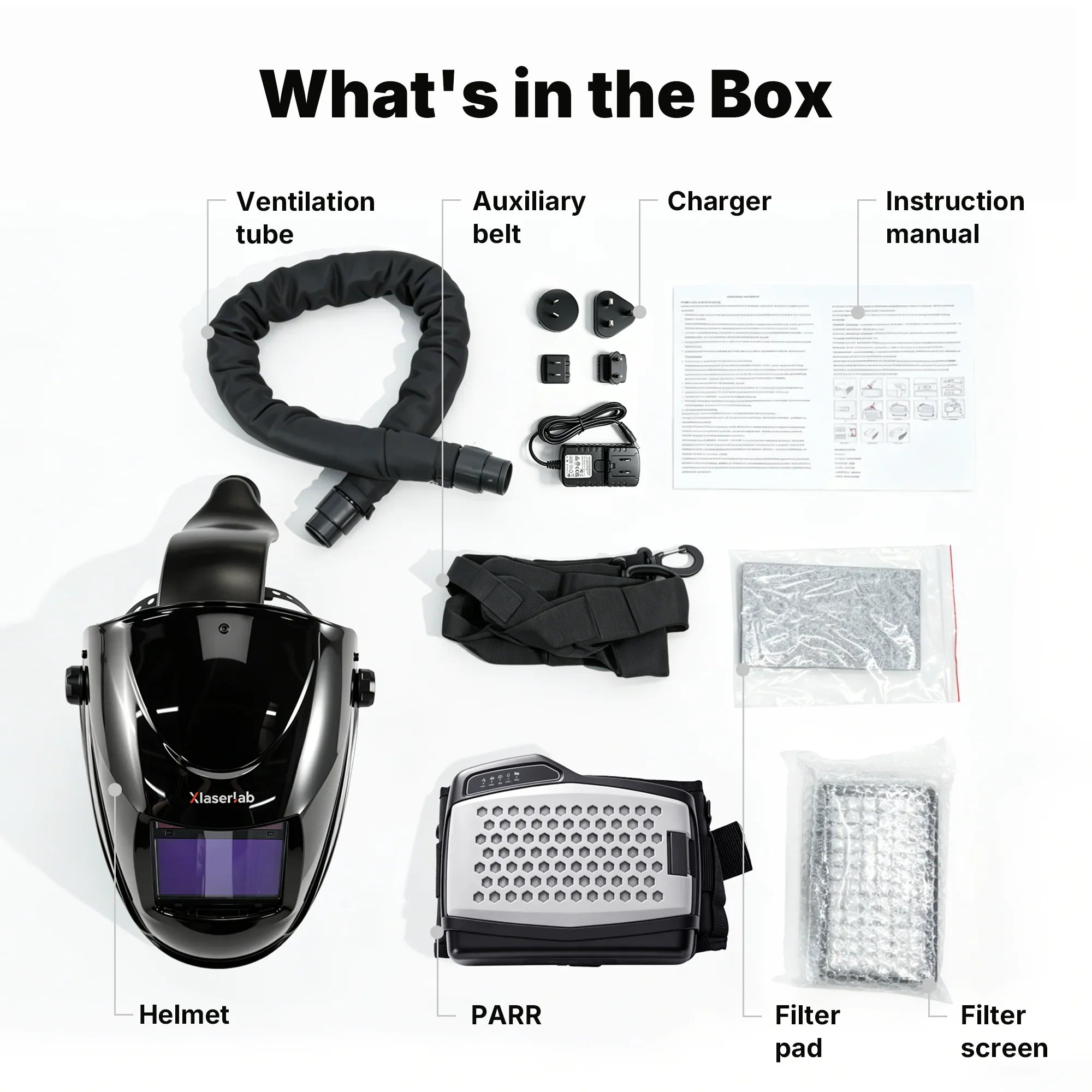 Laser welding helmet with PARR air purifier, ventilation tube, charger, and accessories for safe home workshop use