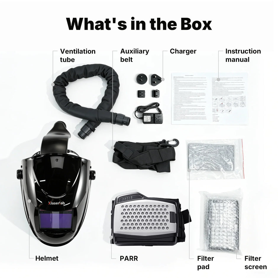 Laser welding helmet with PARR air purifier, ventilation tube, charger, and accessories for safe home workshop use