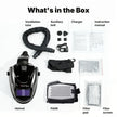 Laser welding helmet with PARR air purifier, ventilation tube, charger, and accessories for safe home workshop use