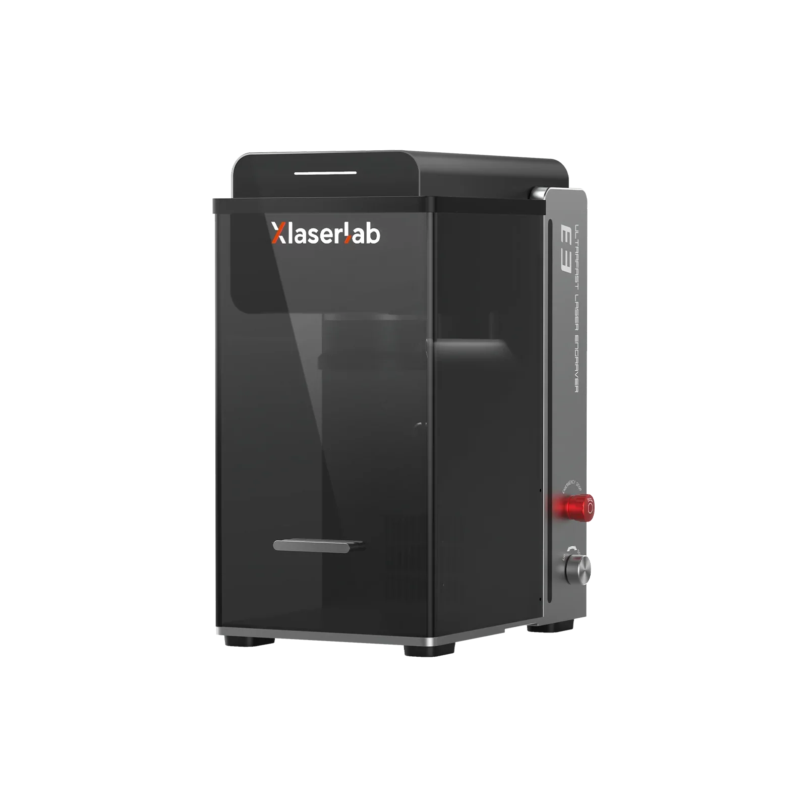 Xlaserlab E3 ultrafast laser engraver with red emergency stop, sleek black design for precision marking