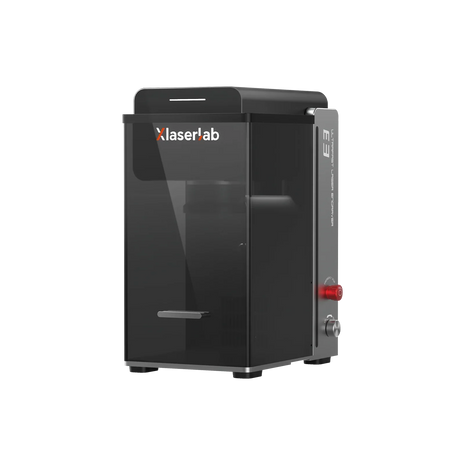 Xlaserlab E3 ultrafast laser engraver with red emergency stop, sleek black design for precision marking